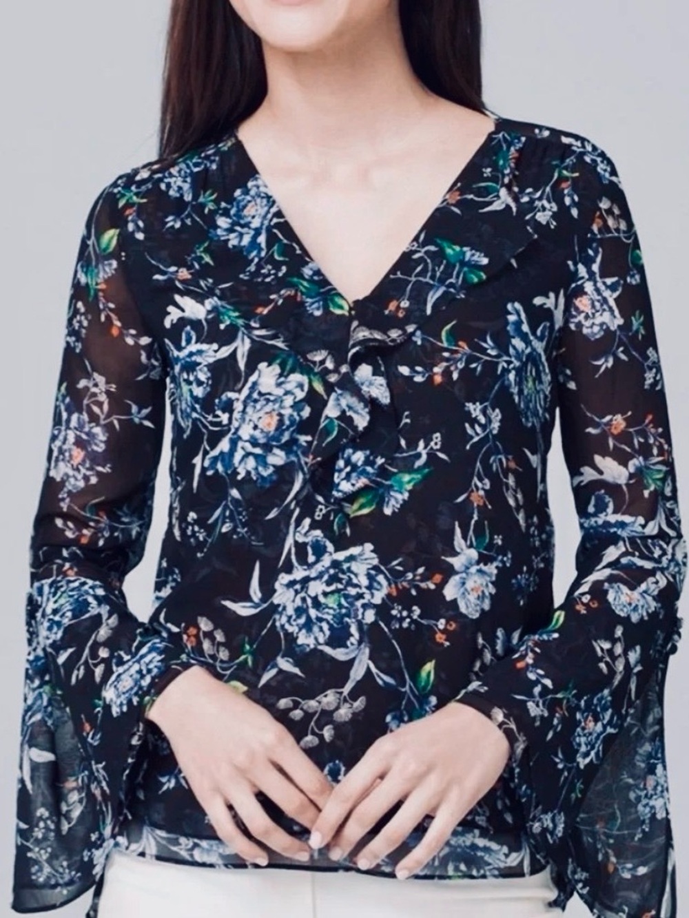 WHBM Silk Feel Chiffon Blue Floral Ruffle V-Neck Bell Sleeve Blouse Size 12